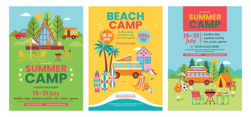 Set of summer camp flyers template with tourist equipment, bungalow and transportation. Summer vacation, tourism and traveling. Recreation outdoors in tent, cabin or van with leisure accessories