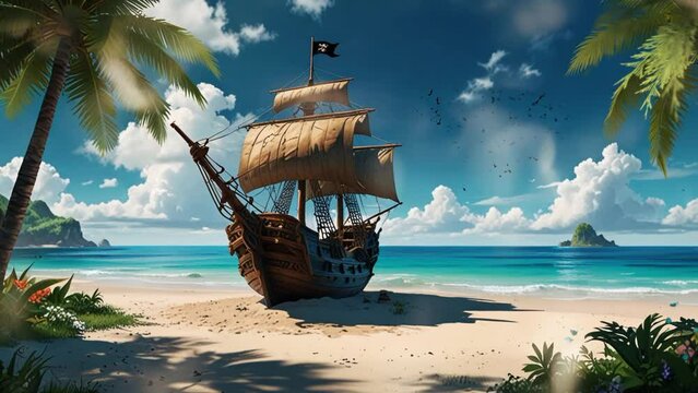 pirate ship stranded on the shore of a remote island, in anime or cartoon style. Seamless looping 4k video animation