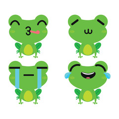 Vector set of cute green Frog emoji faces with various expressions. Isolated on white background