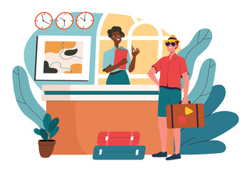 Reception at hotel. Man with suitcase talks to receptionist. Tourist with holiday and vacation. Business travel and trip. Booking and reservation of room. Flat vector illustration
