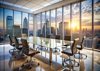 Modern urban corporate scene with sleek glass conference table, high-rise cityscape views, and empty polished chairs awaiting important discussion and strategic planning.