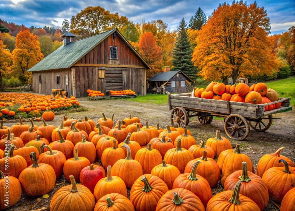 Wall mural vibrant orange pumpkins scattered across a rustic farm, surrounded by autumn foliage, with wooden st