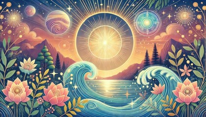 Celestial Ocean Scene with Lotus Flowers, Waves, and Radiant Sun
