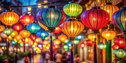 Vibrant colorful lanterns in traditional Asian style hang from above, surrounded by soft blurred street lights, perfect for Chinese New Year festival abstract greeting backgrounds.