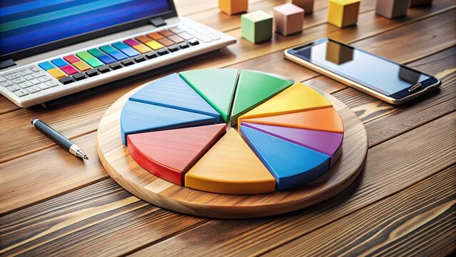 A colorful pie chart on a wooden desk displays a diversified investment strategy, with various sectors and assets represented in a harmonious balance.