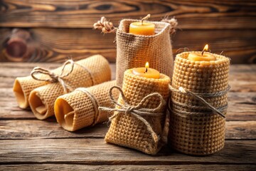 Obraz premium Artisanal handmade beeswax candles in natural cotton bags, wrapped in jute twine, adorn a rustic wooden table, evoking a sense of organic elegance and zero-waste charm.
