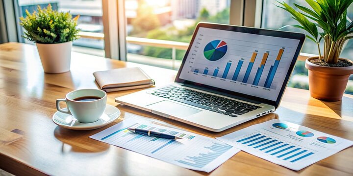 A tidy office desk with a laptop, papers, and a cup of coffee, surrounded by graphs and charts, conveying a sense of organized financial planning.