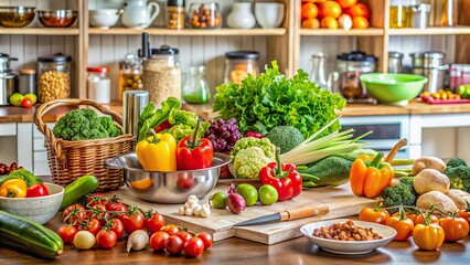 Colorful arrangement of fresh vegetables, fruits, and lean proteins on a kitchen counter, surrounded by cookbooks and utensils, conveying a sense of healthy family meals.