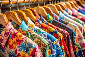 Obraz premium Vibrant floral patterned shirts adorn wooden hangers, showcasing a kaleidoscope of colors and styles, embodying the essence of spring and summer fashion's playful, whimsical vibe.