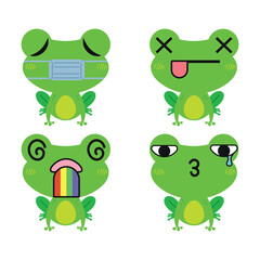 Vector set of cute green Frog emoji faces with various expressions. Isolated on white background