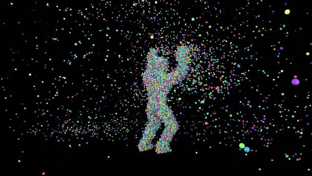 Creative happy character consisting of colorful balls is actively moving and waving his hands. Fun people. Costume party in holiday performance. Horizontal 3d animation. Creative Stock Video