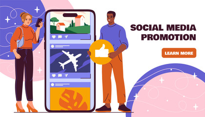 Social media promotion. Man and woman near smartphone. Marketing on social networks. Attracting clients, customers and users. Landing webpage design. Flat vector illustration
