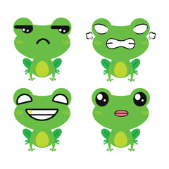 Vector set of cute green Frog emoji faces with various expressions. Isolated on white background