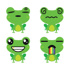 Vector set of cute green Frog emoji faces with various expressions. Isolated on white background