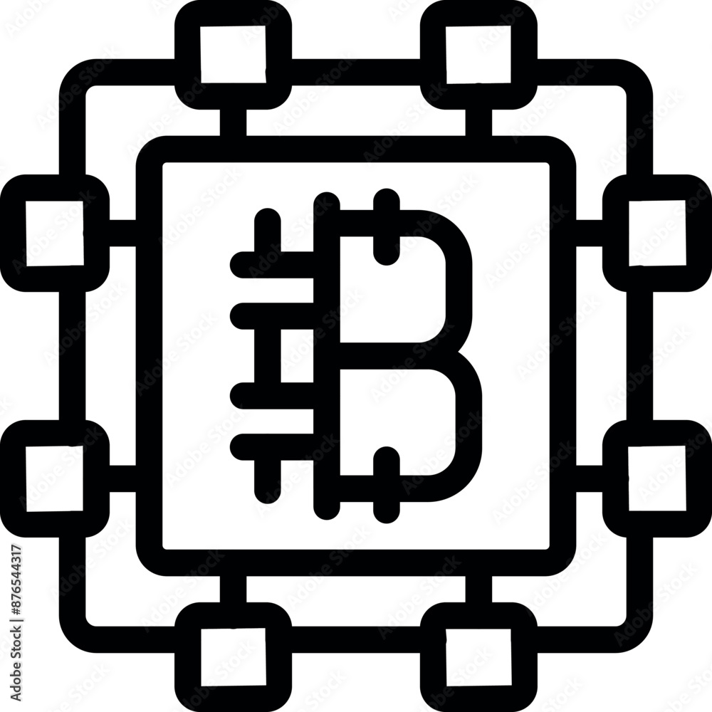 Poster line art icon representing a bitcoin mining hardware processing cryptocurrency transactions