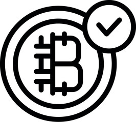 Minimalist icon of a bitcoin cryptocurrency with a check symbol on it, representing a successful transaction or verification