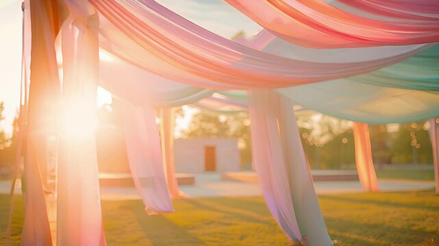 A soft pastelcolored fabric canopy dd over the stage and spilling onto the grassy stage at an outdoor amphitheater.