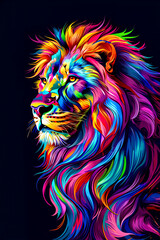 A colorful digital art portrait of a lion with a rainbow mane