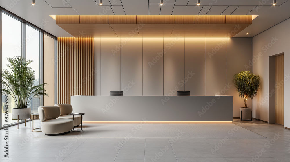 Poster modern office reception area with large desk and waiting area