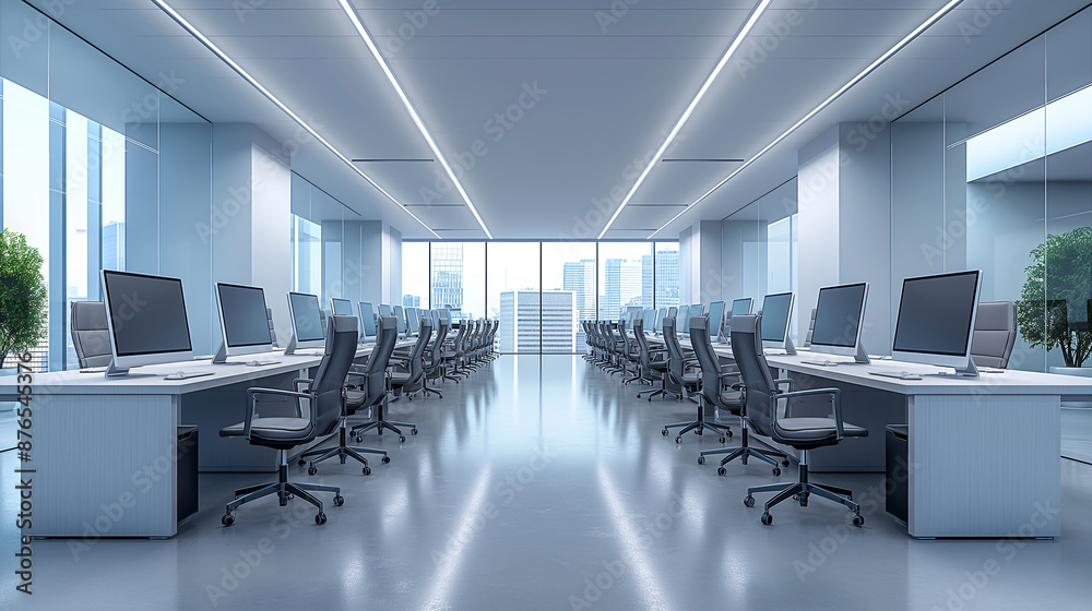 Poster Modern open space office with rows of computers showing city skyline