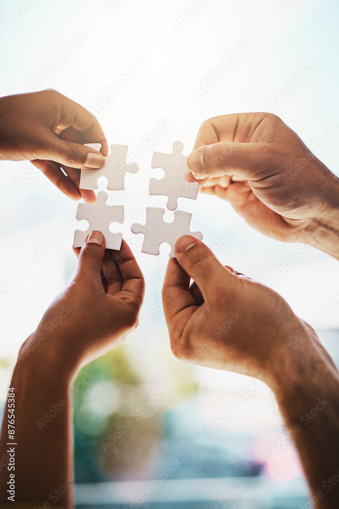 Poster business people, hands and puzzle in office with cooperation, problem solving and project management