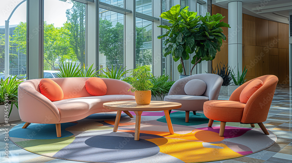 Poster modern office lobby interior design with comfortable seating and large windows