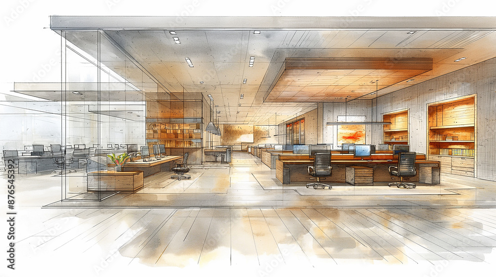 Poster modern open space office interior design in watercolor rendering