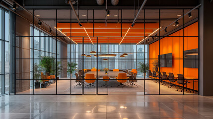 Modern meeting room with orange accents and city view