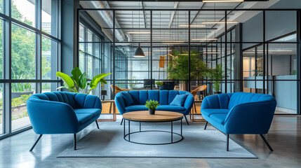Modern open space office interior design with blue sofas