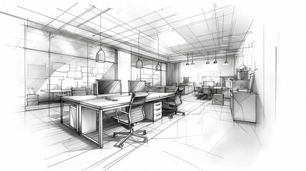 Hand drawn sketch of a modern office interior design