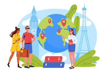 Travel agent with couple. Tour operator helps couple of tourists. Planning travel route. Holiday and vacation in tropical countries. Flat vector illustration isolated on white background