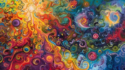 A vibrant abstract painting bursts with swirling colors and patterns, captivating viewers' imaginations.