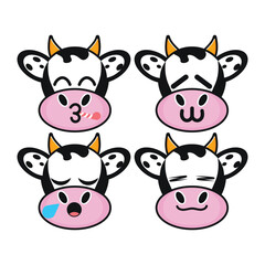Vector set of cute Cow emoji faces with various expressions. Isolated on white background