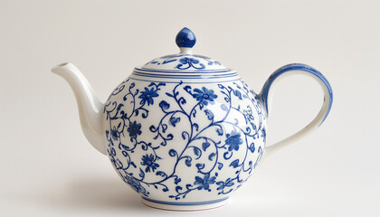 Elegant blue and white porcelain teapot with intricate floral design on a white background perfect for tea time or kitchen decor