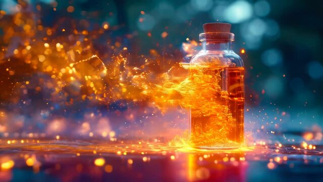 Magic potion in a bottle with lightning. Witchcraft concept