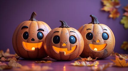 Carved Jack-o'-Lanterns with Glittery Accents on Pink Background for Halloween, Generative AI