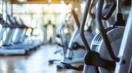 Obraz premium Fitness machine and equipments in modern fitness gym room or sport club in morning time. 