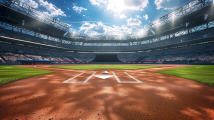 A grand baseball stadium with a field and diamond illuminated by the bright sun