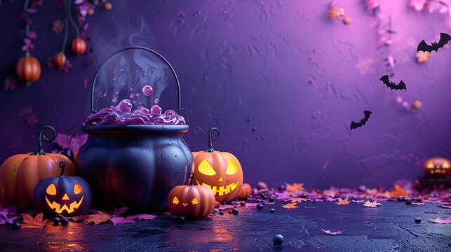 Enchanting Halloween Cauldron with Glowing Pumpkins and Bats, Generative AI