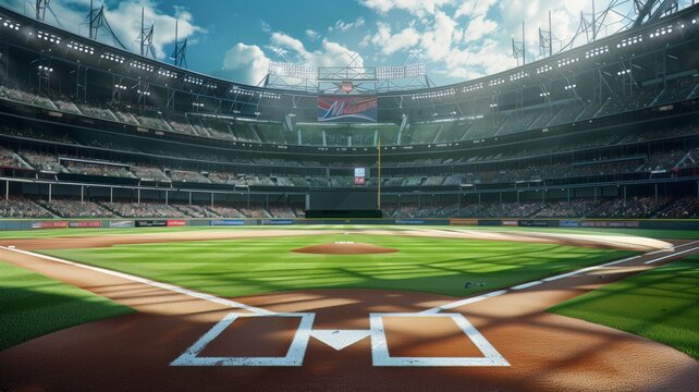 A grand baseball stadium with a field and diamond illuminated by the bright sun