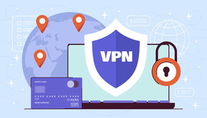 VPN technology at laptop. Virtual Private Network. Security and protection of personal data on Internet. Authentication and connection. Flat vector illustration isolated on blue background