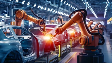 A futuristic car factory with modern robots welding innovative car models, manufacturing, new-tech.