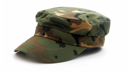 Camouflage military cap on a white background green and brown pattern ideal for outdoor activities or casual wear