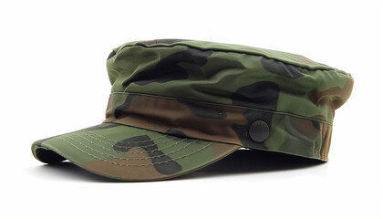 Fototapeta premium Camouflage military cap on a white background green and brown pattern perfect for outdoor activities or casual wear