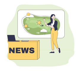 Woman with weather broadcast. Young girl hosts television show. Weather forecast presenter, meteorological industry. Climate changes. Linear vector illustration isolated on white background