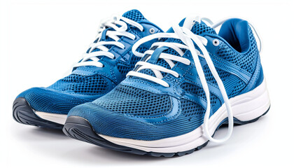 Pair of blue athletic shoes with white laces on a white background perfect for running or casual wear comfortable and stylish with mesh fabric and rubber soles