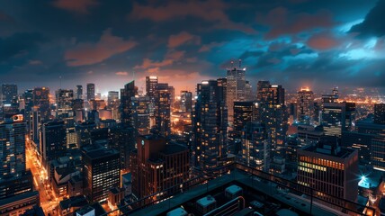 Fototapeta premium Panoramic view of city skyline at night from a modern balcony