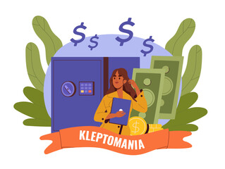 Woman with kleptomania. Young girl steals small things. Mental disorders and psychological illness. Shoplifter with pickpocket. Flat vector illustration isolated on white background