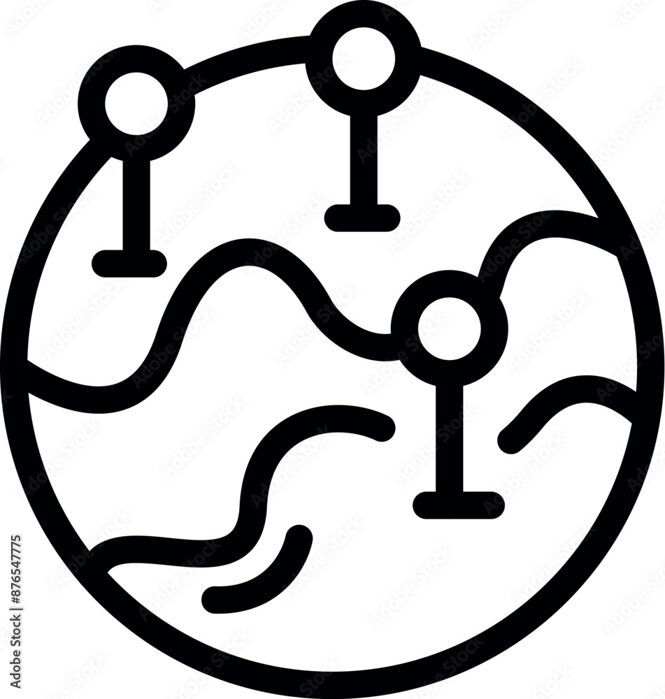 Poster line drawing of a world map with three gps location pins, symbolizing global navigation and position