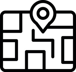 Simple black and white line art icon of a location pin showing a destination on a city map